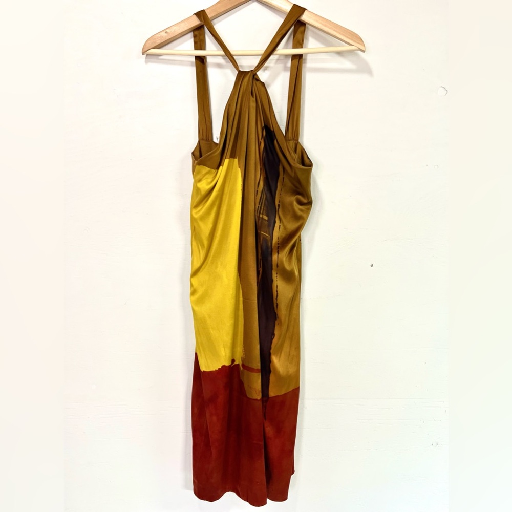 Vince Colorblock Gold, Scarlet Red and Copper Classy Cross Neck Silk Dress Small - Picture 2 of 7